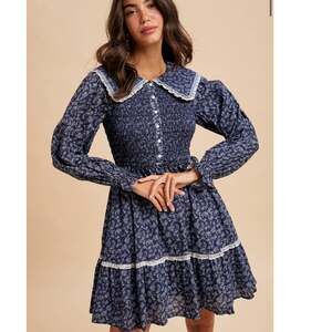 In Loom Blue Floral Mini Dress Lace Peter Pan Collar NWT M Cottagecore Romantic